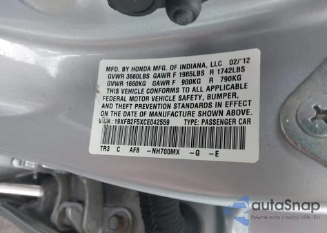 2012 Honda Civic Lx из США, поврежденный, VIN 19XFB2F5XCE042559